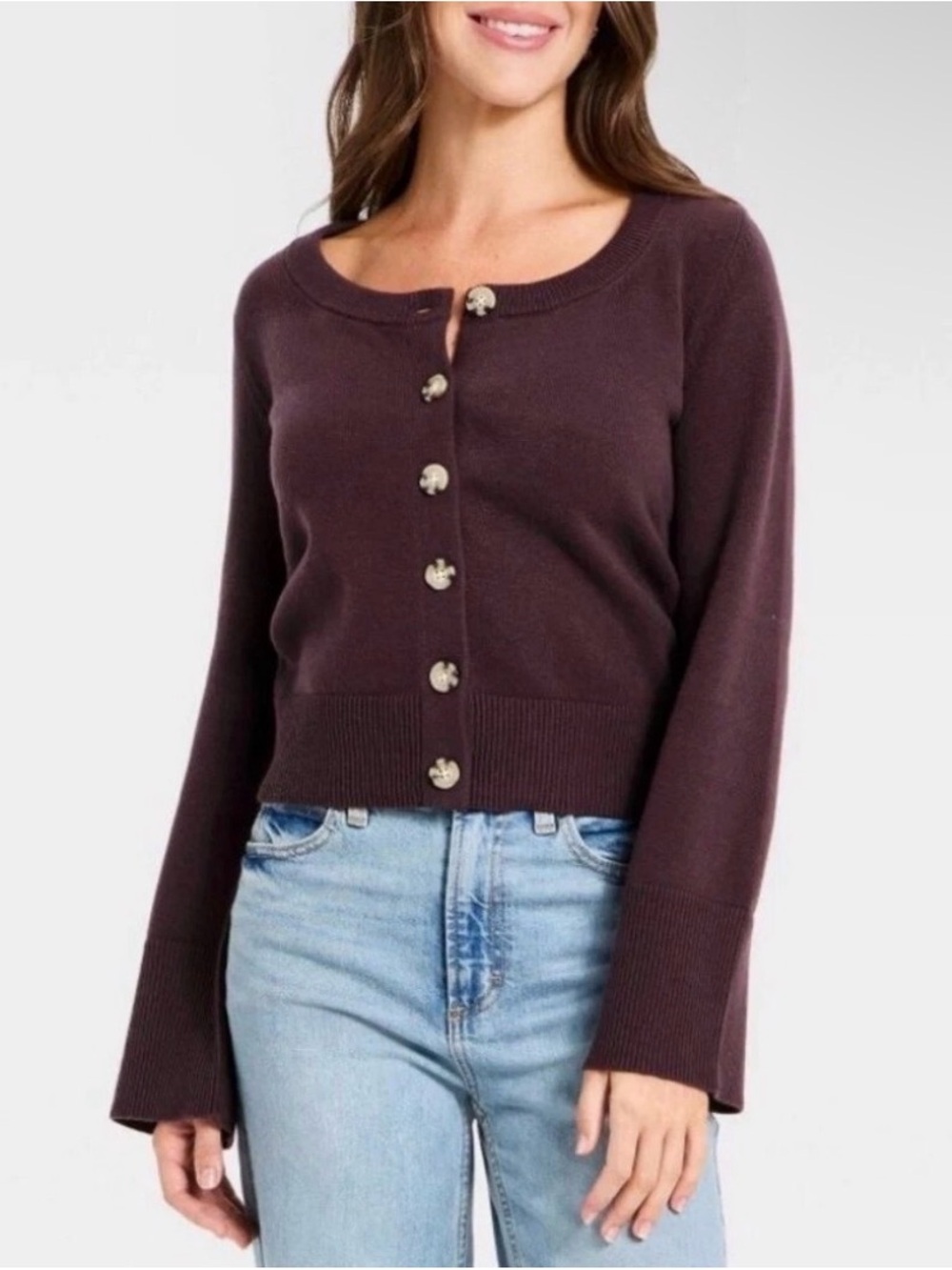 Universal Thread Plum Button Front Cropped Cardigan